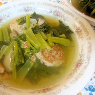 小松菜、椎茸、肉団子のにんにく風味スープ
